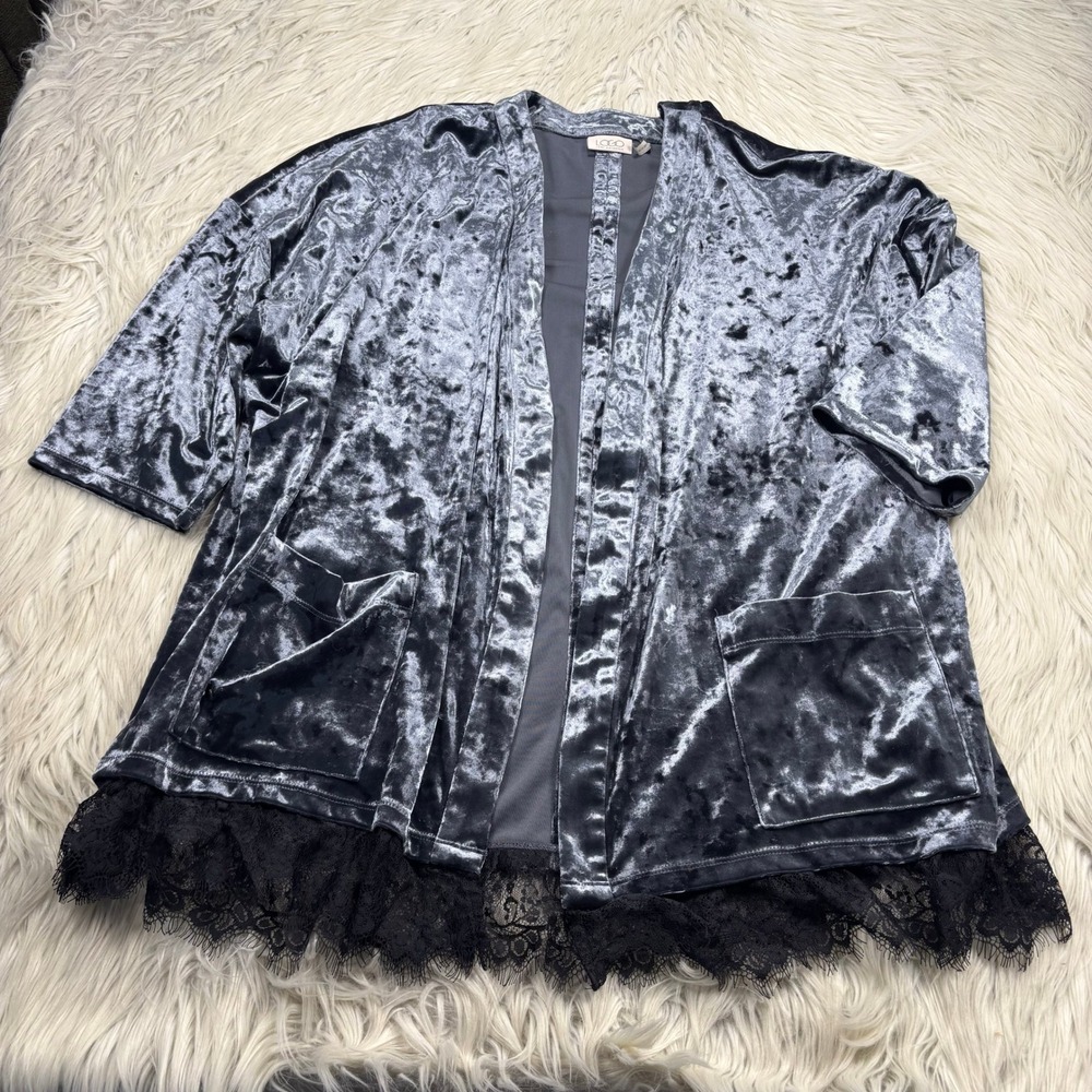 LOGO by Lori Goldstein Women's M Gray Velvet Lace Hem Open Kimono Cardigan Boho